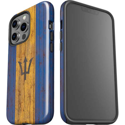 Barbados Flag Dark Wood iPhone 14 Pro Impact Case